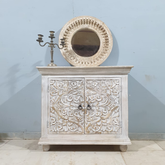 Indian Furniture Solid Mango Wood Floral Carvings 2 Door Cabinet Distresses White